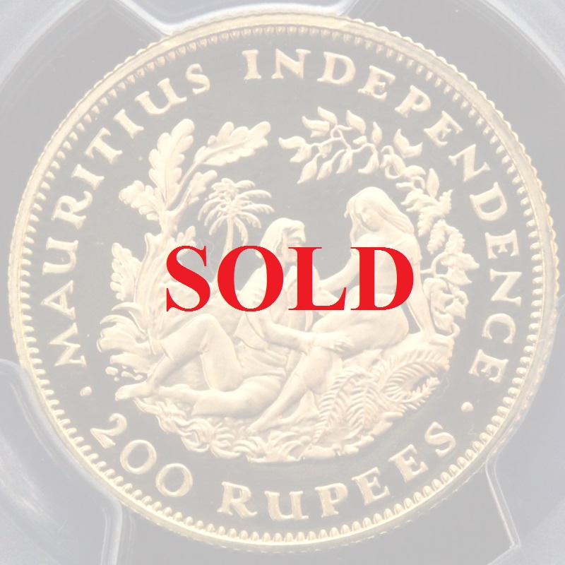 イギリスモーリシャス1971年200ルピー金貨エリザベスPR69DC発行750枚